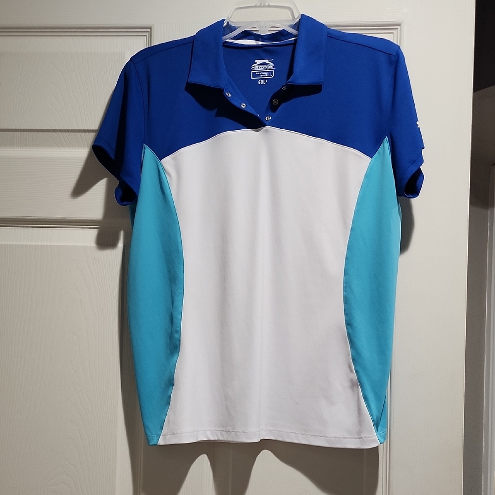 Slazenger Blue, White, and Aqua Short Sleeve Polo